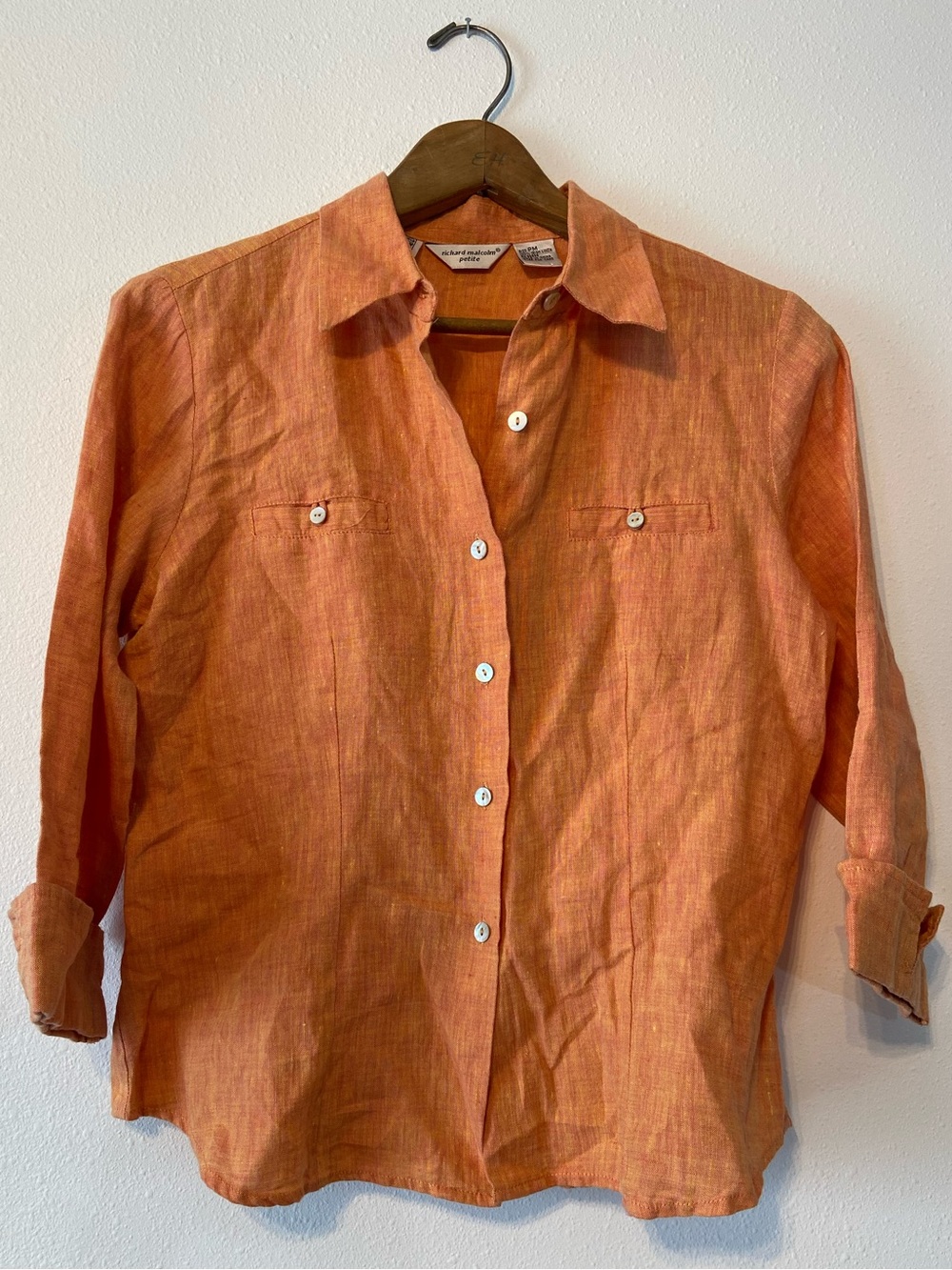 Richard Malcom Petite Orange Irish Linen Button Down Top